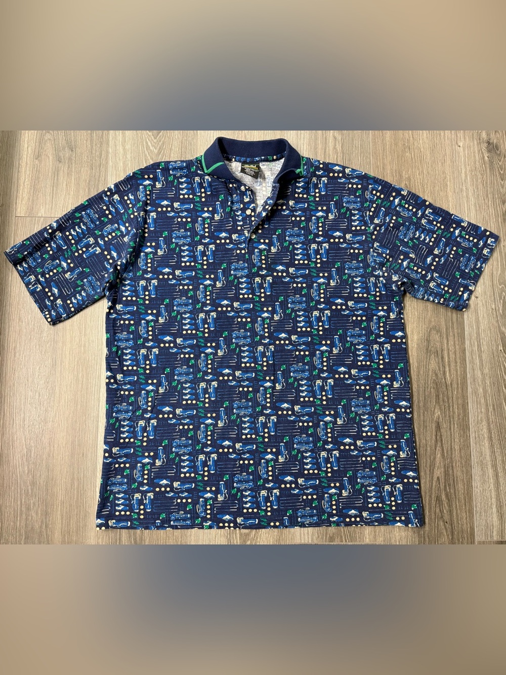 Vintage Chip Beck Polo Shirt All Over Golf Bag Club Shoe Print Blue XL